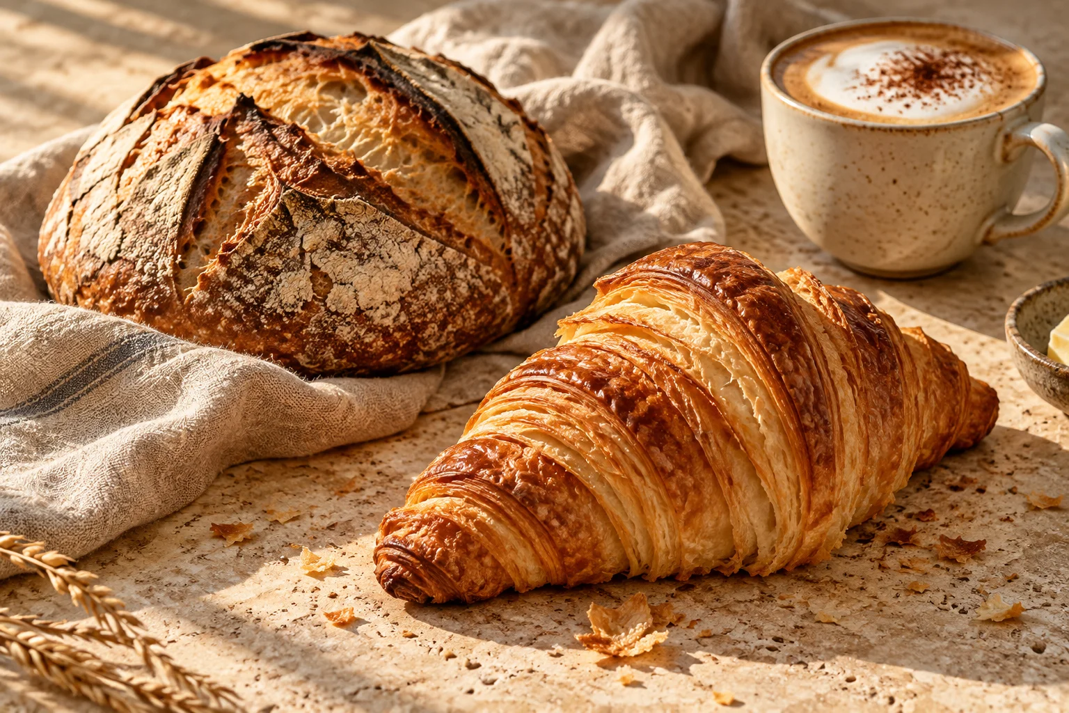 Golden croissant, sourdough and cappuccino in warm morning light